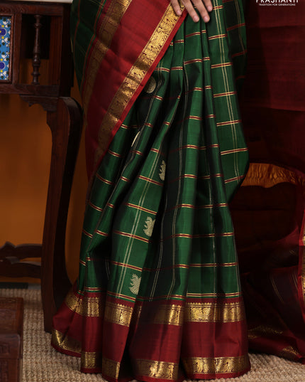 Green-Maroon Pure kanchipuram Silk Saree With Allover zari checks & buttas and rettapet zari woven border