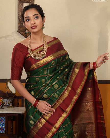 Green-Maroon Pure kanchipuram Silk Saree With Allover zari checks & buttas and rettapet zari woven border