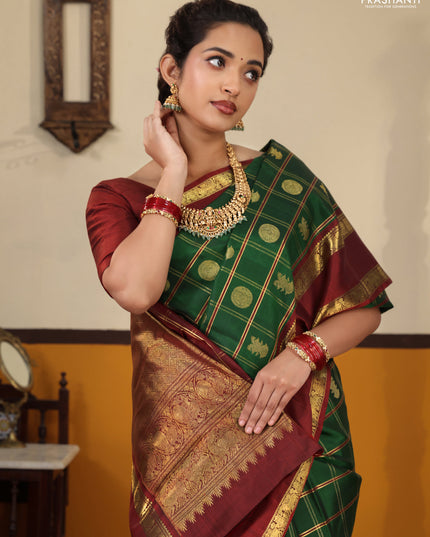 Green-Maroon Pure kanchipuram Silk Saree With Allover zari checks & buttas and rettapet zari woven border