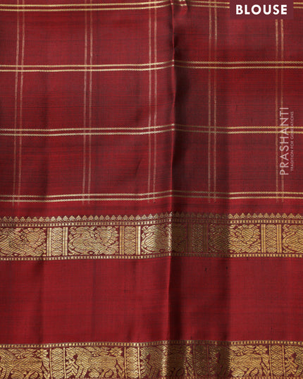 Green-Maroon Pure kanchipuram Silk Saree With Allover zari checks & buttas and rettapet zari woven border