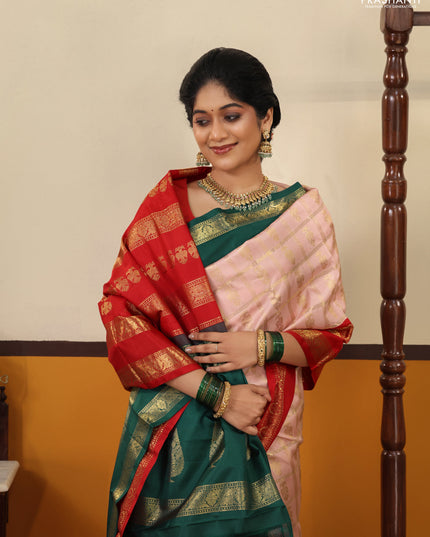 Peach pink Pure kanchipuram silk saree With Allover zari checks & ganga jamuna border