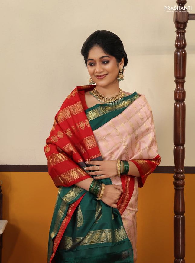 Peach pink Pure kanchipuram silk saree With Allover zari checks & ganga jamuna border