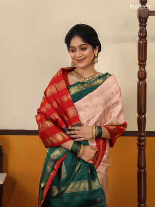 Peach pink Pure kanchipuram silk saree With Allover zari checks & ganga jamuna border