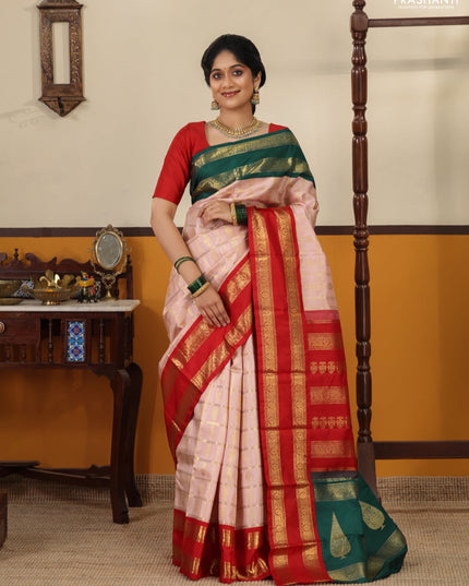 Peach pink Pure kanchipuram silk saree With Allover zari checks & ganga jamuna border