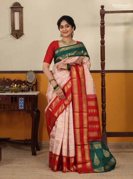 Peach pink Pure kanchipuram silk saree With Allover zari checks & ganga jamuna border