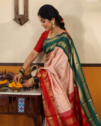 Peach pink Pure kanchipuram silk saree With Allover zari checks & ganga jamuna border
