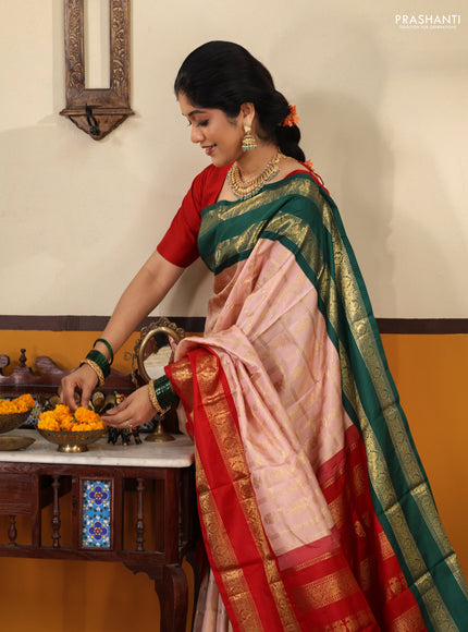 Peach pink Pure kanchipuram silk saree With Allover zari checks & ganga jamuna border