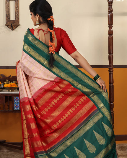 Peach pink Pure kanchipuram silk saree With Allover zari checks & ganga jamuna border