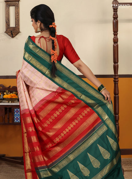 Peach pink Pure kanchipuram silk saree With Allover zari checks & ganga jamuna border