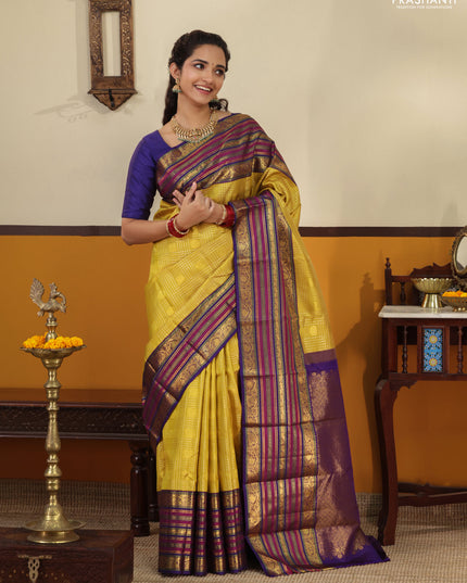 Yellow-blue Pure kanchipuram silk saree With zari checked pattern & long zari woven border