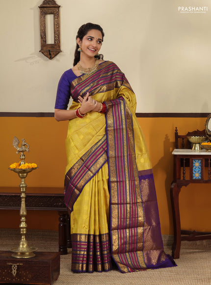 Yellow-blue Pure kanchipuram silk saree With zari checked pattern & long zari woven border