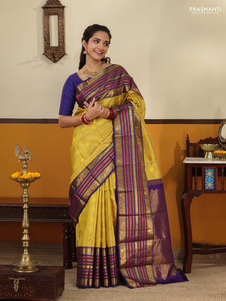Yellow-blue Pure kanchipuram silk saree With zari checked pattern & long zari woven border