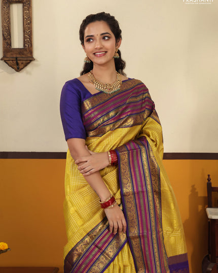 Yellow-blue Pure kanchipuram silk saree With zari checked pattern & long zari woven border