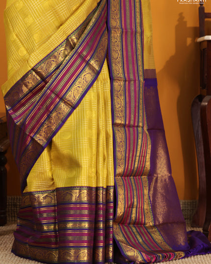 Yellow-blue Pure kanchipuram silk saree With zari checked pattern & long zari woven border
