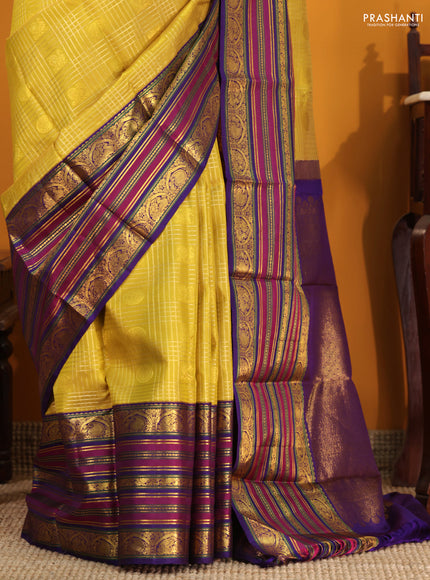 Yellow-blue Pure kanchipuram silk saree With zari checked pattern & long zari woven border