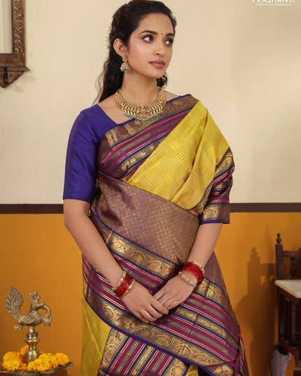 Yellow-blue Pure kanchipuram silk saree With zari checked pattern & long zari woven border