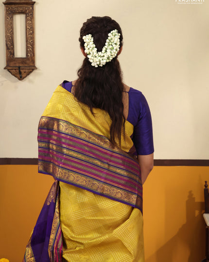 Yellow-blue Pure kanchipuram silk saree With zari checked pattern & long zari woven border