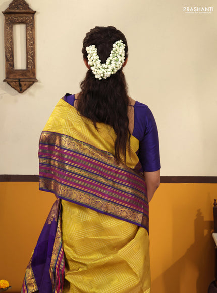 Yellow-blue Pure kanchipuram silk saree With zari checked pattern & long zari woven border