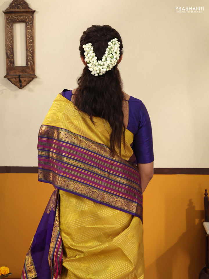 Yellow-blue Pure kanchipuram silk saree With zari checked pattern & long zari woven border