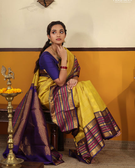Yellow-blue Pure kanchipuram silk saree With zari checked pattern & long zari woven border
