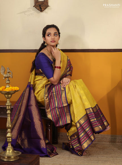 Yellow-blue Pure kanchipuram silk saree With zari checked pattern & long zari woven border