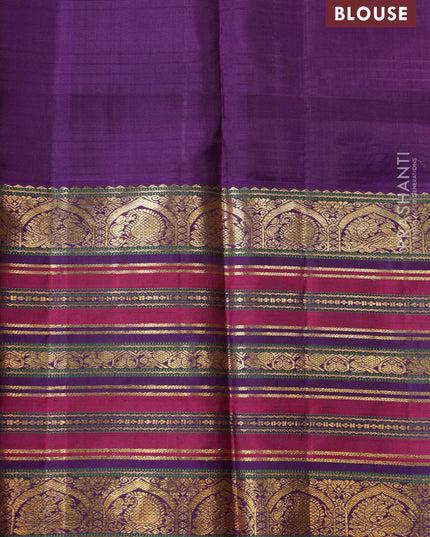 Yellow-blue Pure kanchipuram silk saree With zari checked pattern & long zari woven border