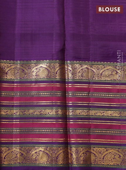 Yellow-blue Pure kanchipuram silk saree With zari checked pattern & long zari woven border