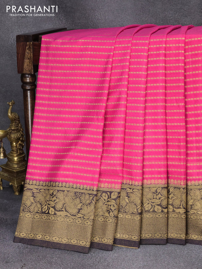 Semi banarasi georgette saree pink and navy blue with allover zari stripe weaves and floral zari woven border