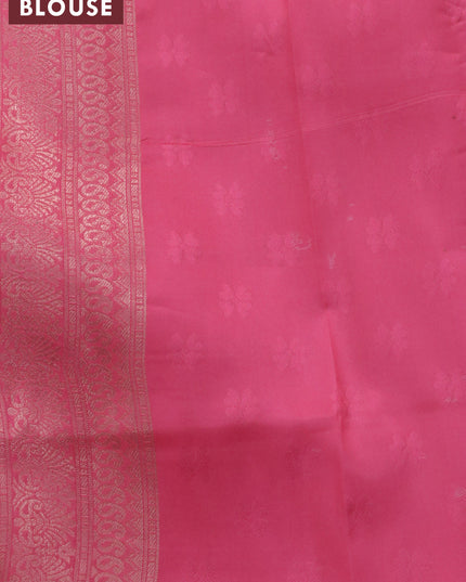 Banarasi softy silk saree fluorescent green and pink with allover silver zari woven brocade weaves and silver zari woven border