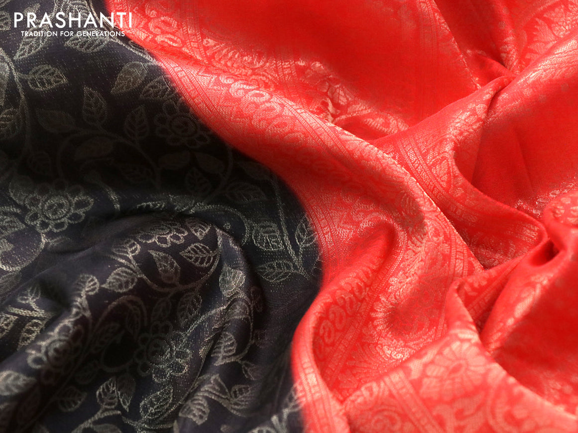 Banarasi softy silk saree black and red with allover silver zari woven brocade weaves and silver zari woven border