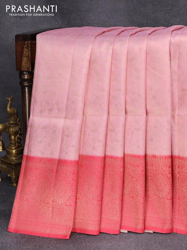 Banarasi softy silk saree light pink and pink with allover silver zari woven brocade weaves and silver zari woven border