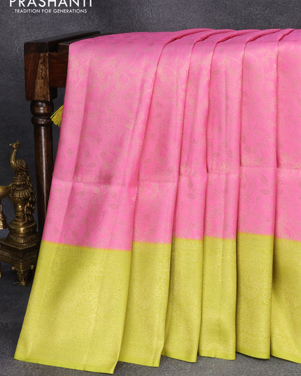 Banarasi softy silk saree light pink and lime green with allover silver zari woven brocade weaves and silver zari woven border