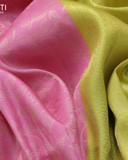 Banarasi softy silk saree light pink and lime green with allover silver zari woven brocade weaves and silver zari woven border