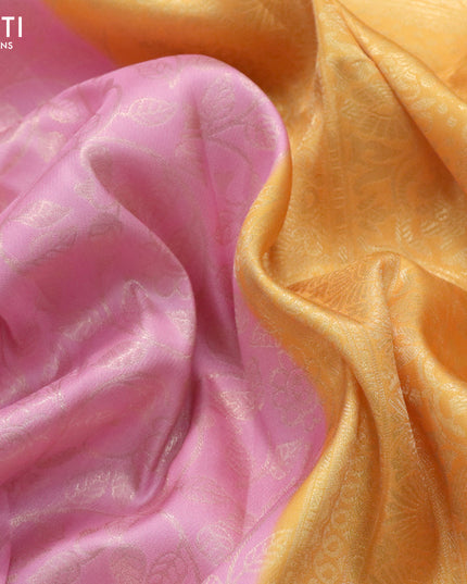 Banarasi softy silk saree light pink and yellow with allover silver zari woven brocade weaves and silver zari woven border