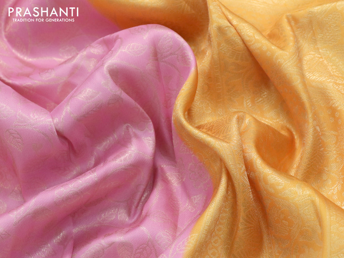 Banarasi softy silk saree light pink and yellow with allover silver zari woven brocade weaves and silver zari woven border