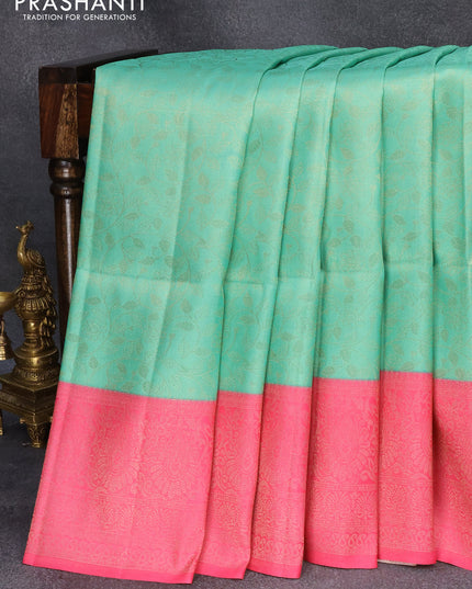 Banarasi softy silk saree teal green and pink with allover silver zari woven brocade weaves and silver zari woven border