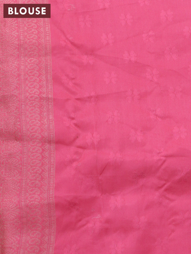 Banarasi softy silk saree teal green and pink with allover silver zari woven brocade weaves and silver zari woven border