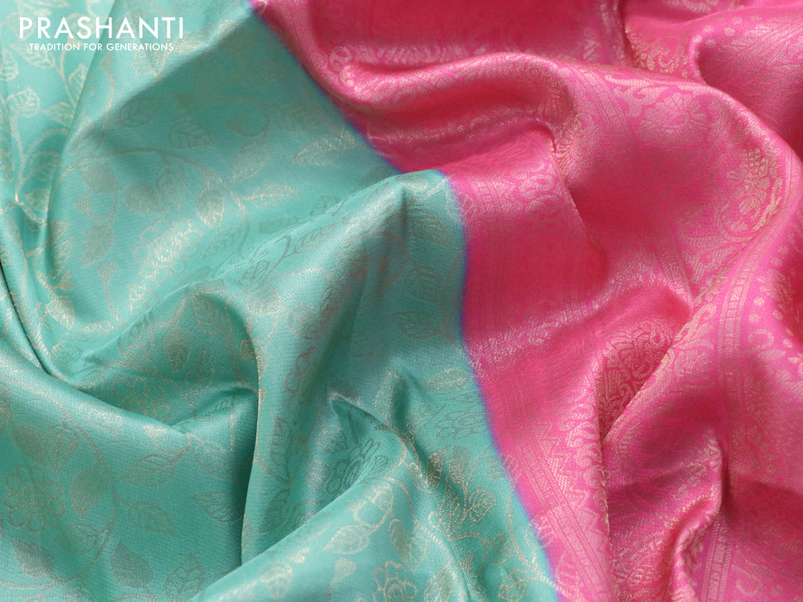 Banarasi softy silk saree teal blue and pink with allover silver zari woven brocade weaves and silver zari woven border