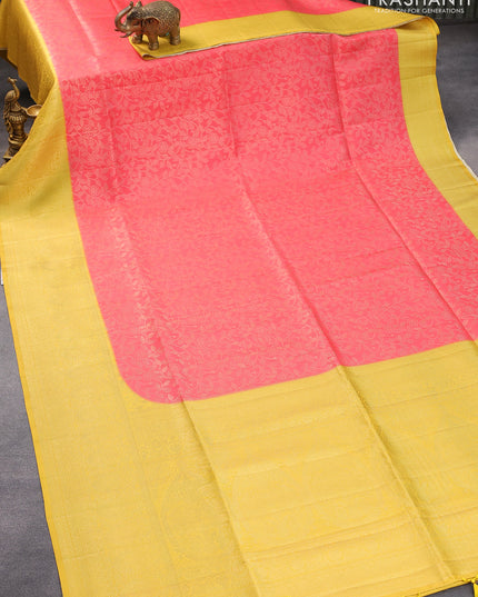 Banarasi softy silk saree red and yellow with allover silver zari woven brocade weaves and silver zari woven border