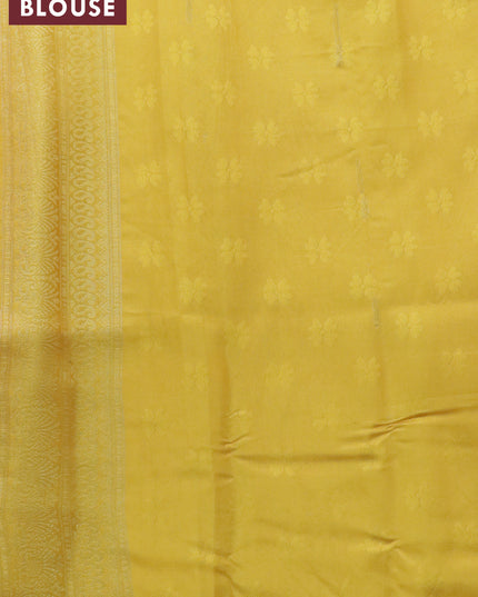 Banarasi softy silk saree red and yellow with allover silver zari woven brocade weaves and silver zari woven border