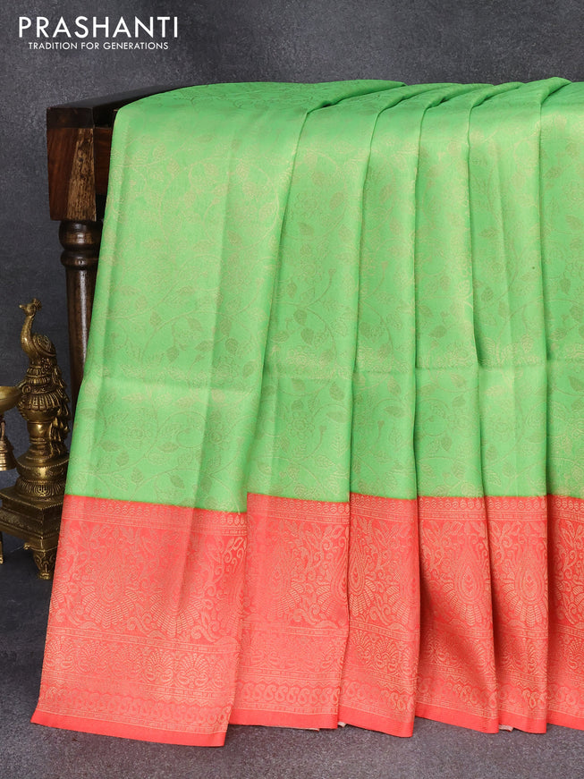 Banarasi softy silk saree light green and red with allover silver zari woven brocade weaves and silver zari woven border