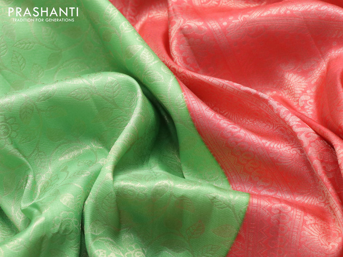 Banarasi softy silk saree light green and red with allover silver zari woven brocade weaves and silver zari woven border