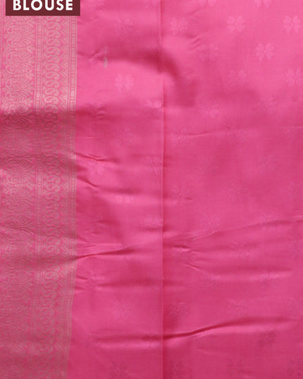 Banarasi softy silk saree yellow and pink with allover silver zari woven brocade weaves and silver zari woven border
