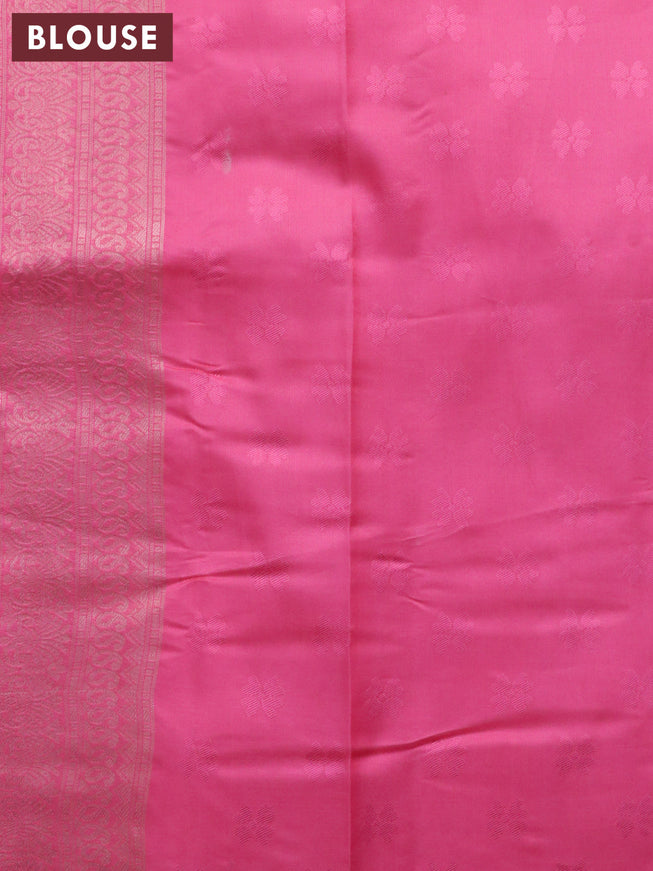 Banarasi softy silk saree yellow and pink with allover silver zari woven brocade weaves and silver zari woven border