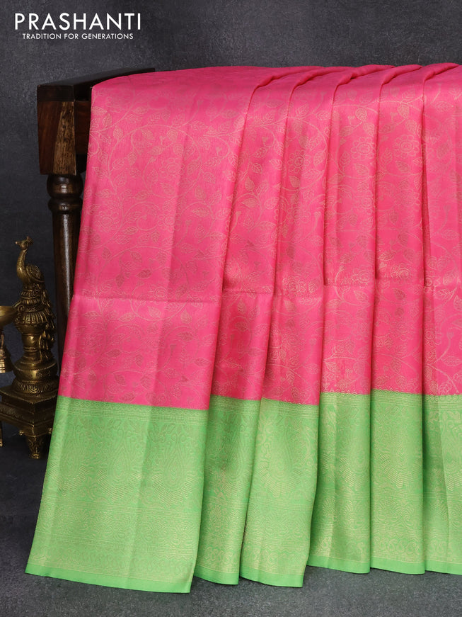 Banarasi softy silk saree pink and light green with allover silver zari woven brocade weaves and silver zari woven border