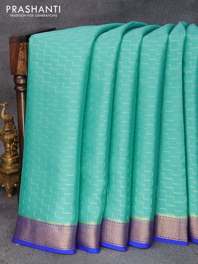 Pure mysore silk saree teal blue shade and royal blue with allover zig zag prints and zari woven border