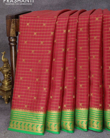 Pure mysore silk saree maroon and green with allover zari checked pattern & buttas and zari woven paisley border