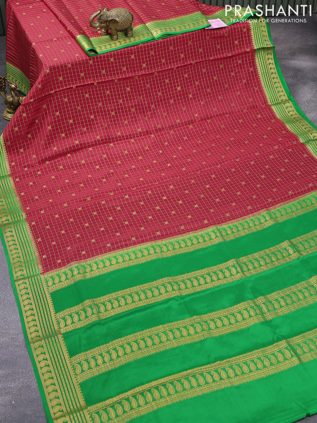 Pure mysore silk saree maroon and green with allover zari checked pattern & buttas and zari woven paisley border