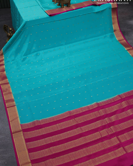 Pure mysore silk saree teal blue and pink with zari woven buttas and zari woven border