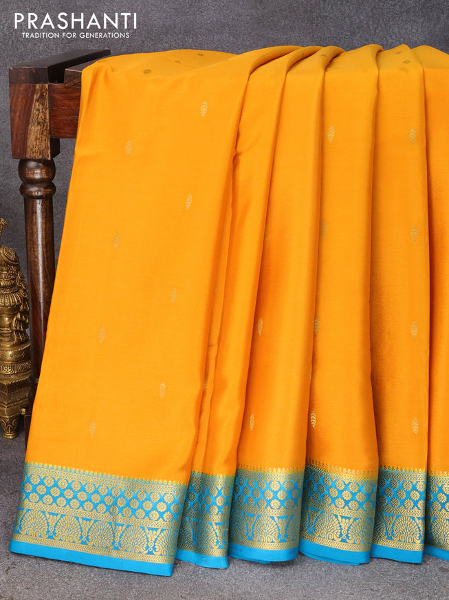 Pure mysore silk saree mustard yellow and cs blue with zari woven buttas and zari woven border